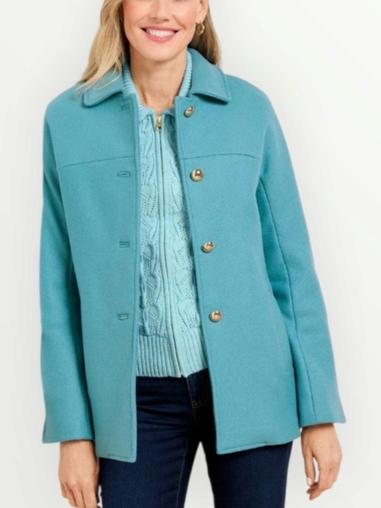 Nwt Talbots Womens M Aqua Blue Wool Blend Coat Italian Fabric Gold Button 1x